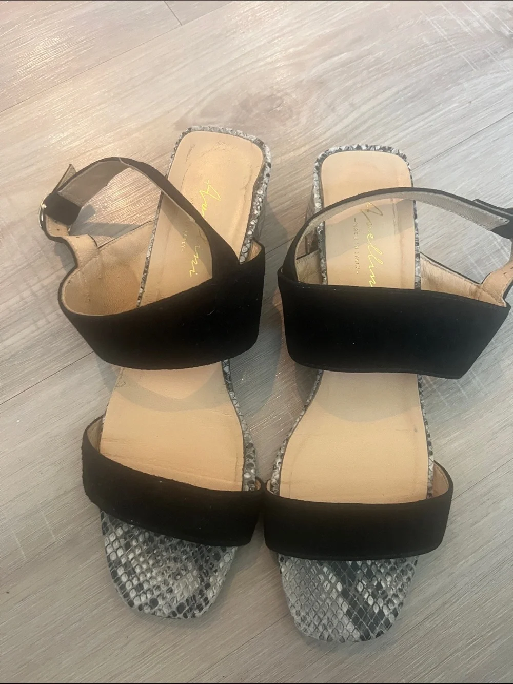 Avellini Suede Snake Skin Leather Two Strapes Block Heel Sandals Sz 9 Italy chic